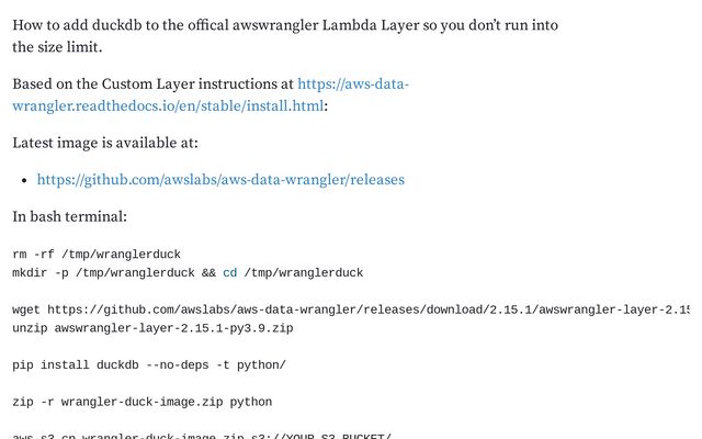 Custom AwsWrangler Lambda Layer with duckdb / Cedric Yau | Observable